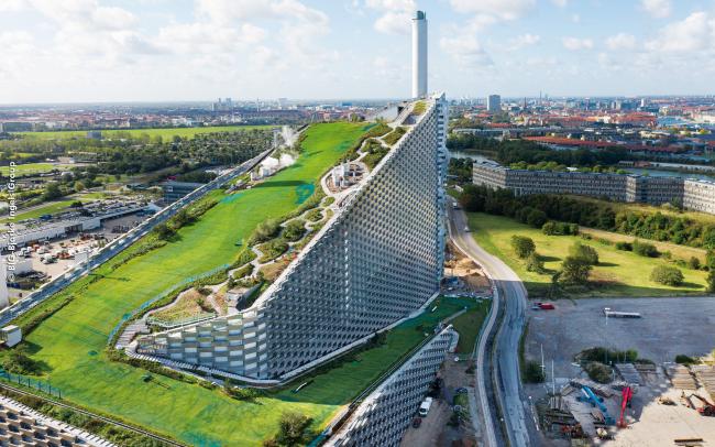 Bird's eye view onto a steep pitched green roof